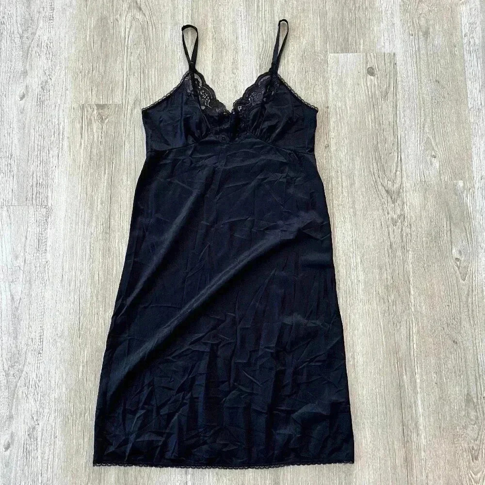 Secret Treasures Black Lace Trim Chemise Slip